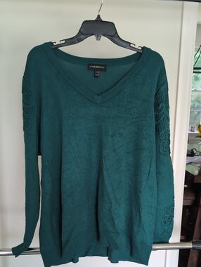 Lane Bryant Deep Teal V-Neck Sweater with Embroidered Sleeves